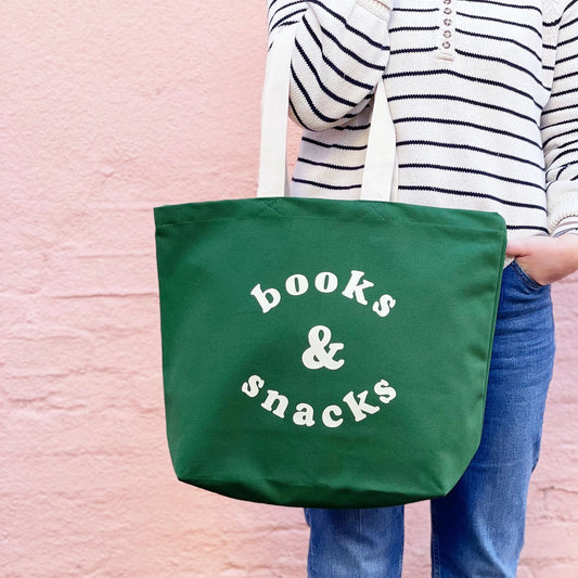 Books and Snacks Canvas Tote Bag - Forest Green