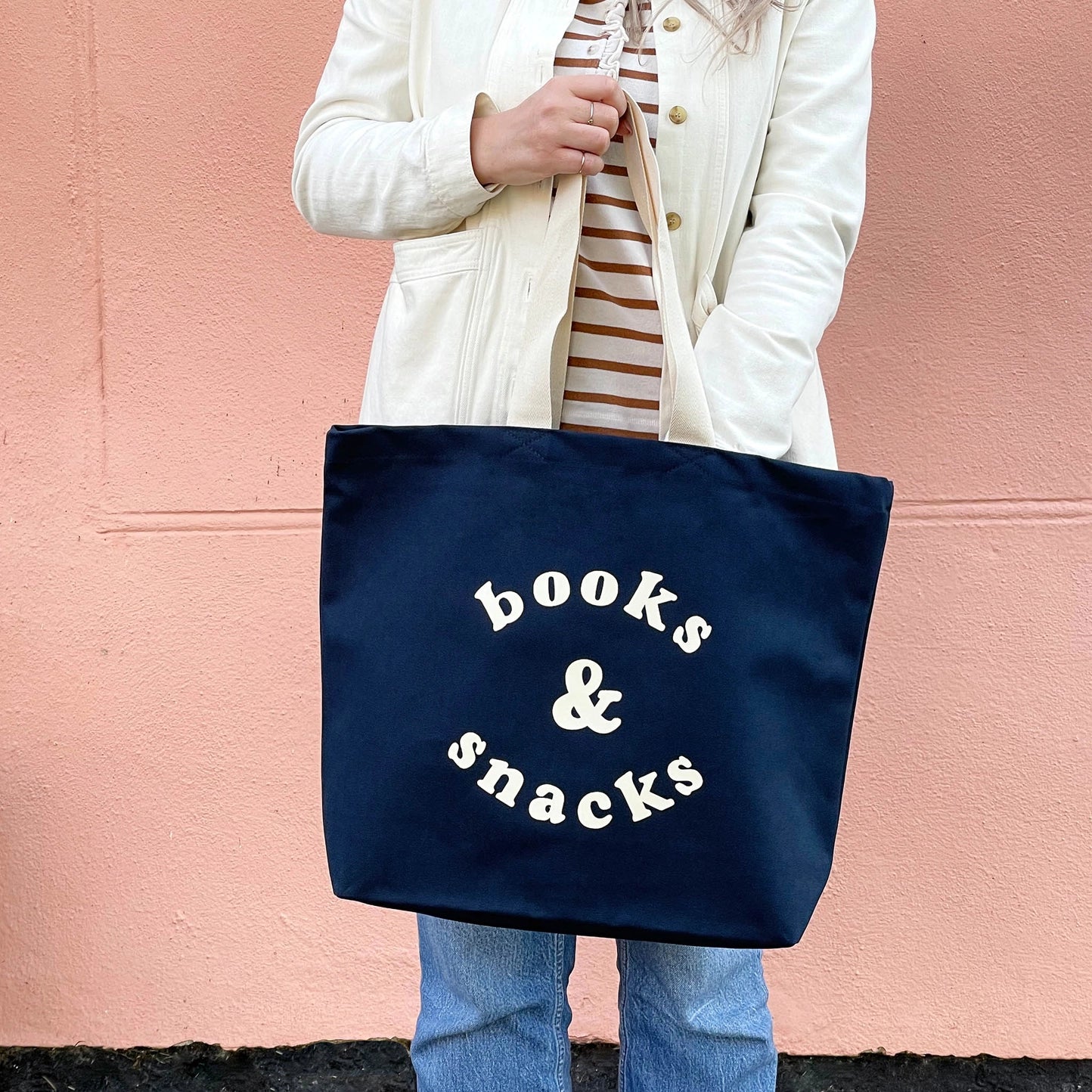 Books and Snacks Canvas Tote Bag - Midnight Blue