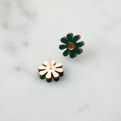 Daisy Stud Earrings - Green and Gold