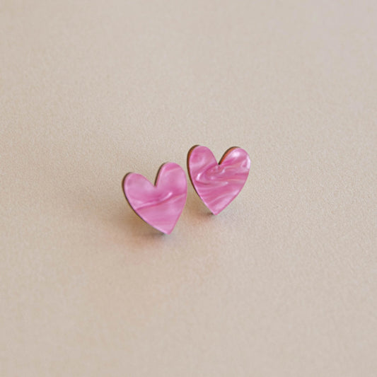 Heart Stud Earrings - Pink Marble