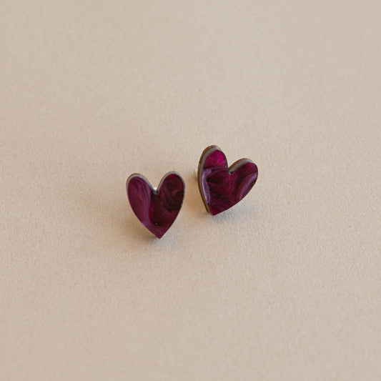 Heart Stud Earrings - Merlot Red Marble
