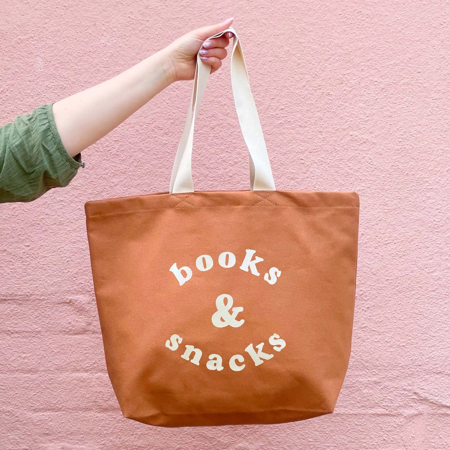 Books and Snacks Canvas Tote Bag - Tan