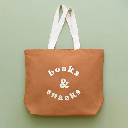 Books and Snacks Canvas Tote Bag - Tan